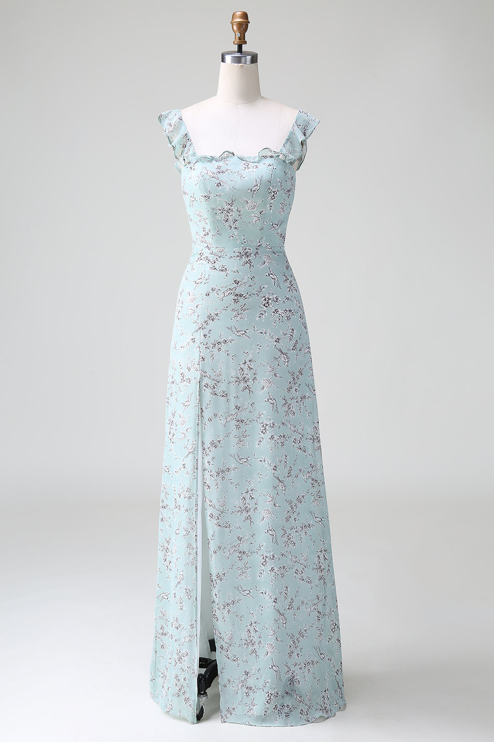 Grey Green Sleeveless Floral A Line Bridesmaid Dress with Slit