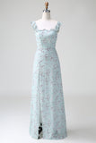 Grey Green Sleeveless Floral A Line Bridesmaid Dress with Slit