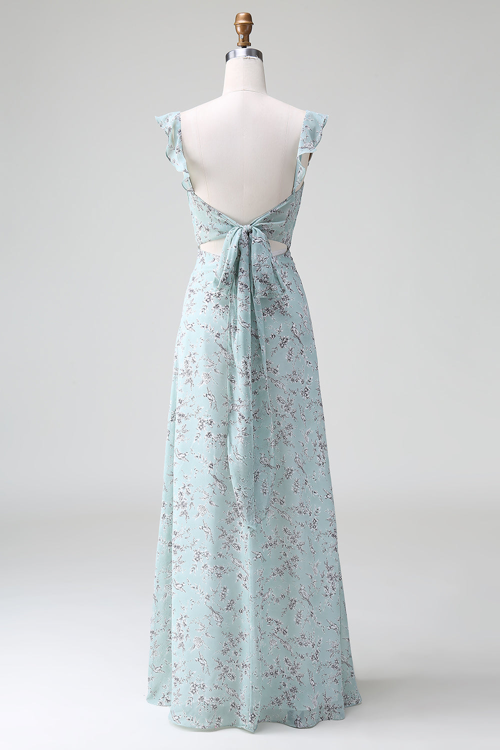 Grey Green Sleeveless Floral A Line Bridesmaid Dress with Slit