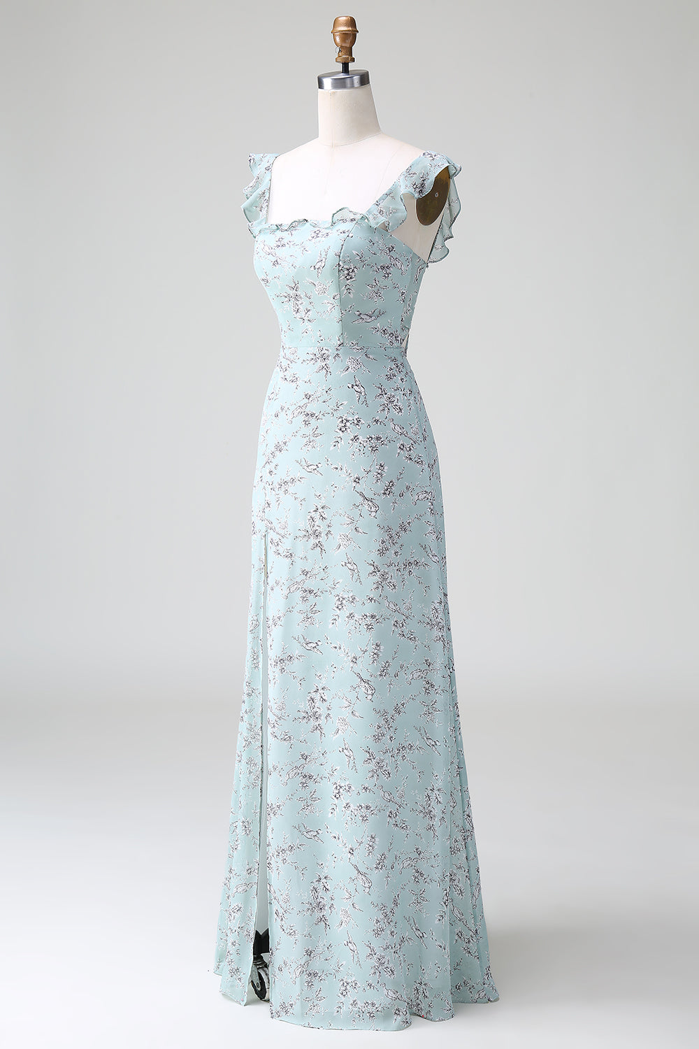 Grey Green Sleeveless Floral A Line Bridesmaid Dress with Slit