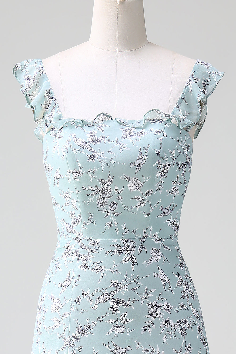 Grey Green Sleeveless Floral A Line Bridesmaid Dress with Slit