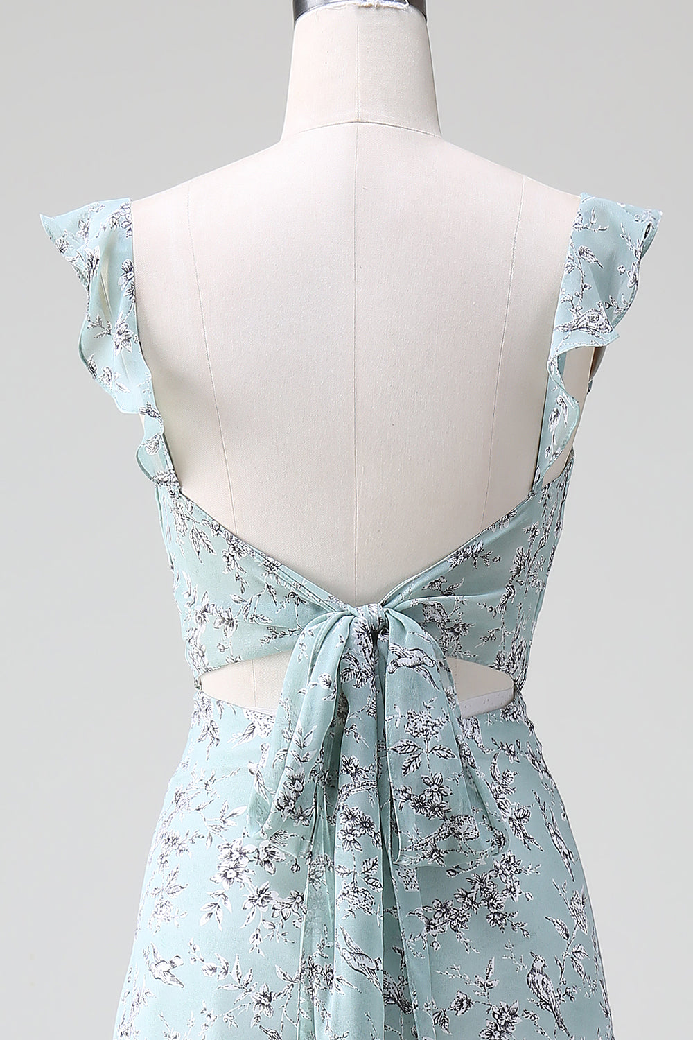 Grey Green Sleeveless Floral A Line Bridesmaid Dress with Slit