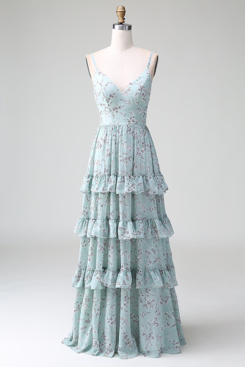 Spaghetti Straps Grey Green Ruffles Tiered Floral Long Bridesmaid Dress