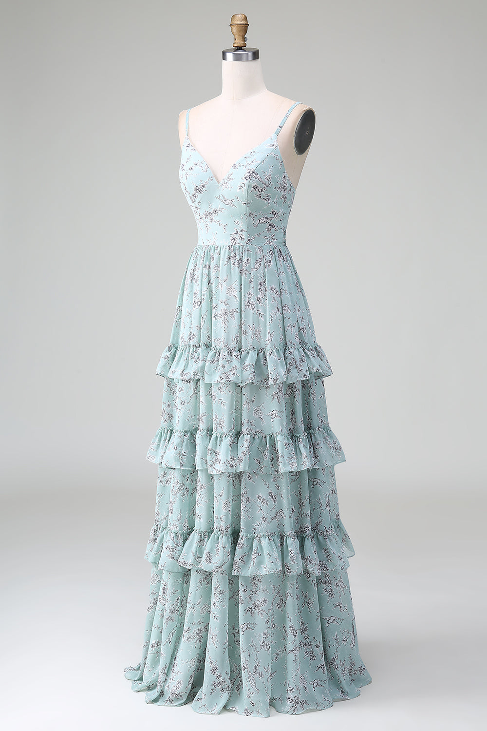 Spaghetti Straps Grey Green Ruffles Tiered Floral Long Bridesmaid Dress