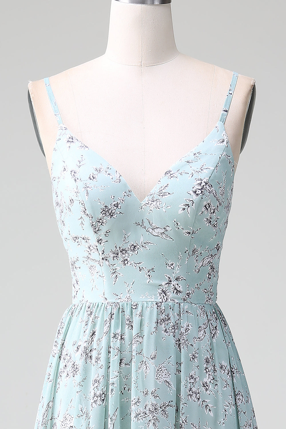 Spaghetti Straps Grey Green Ruffles Tiered Floral Long Bridesmaid Dress