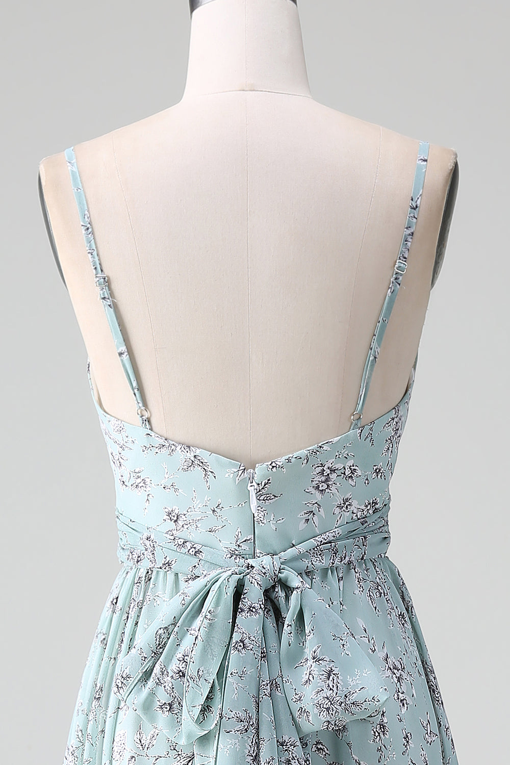 Spaghetti Straps Grey Green Ruffles Tiered Floral Long Bridesmaid Dress