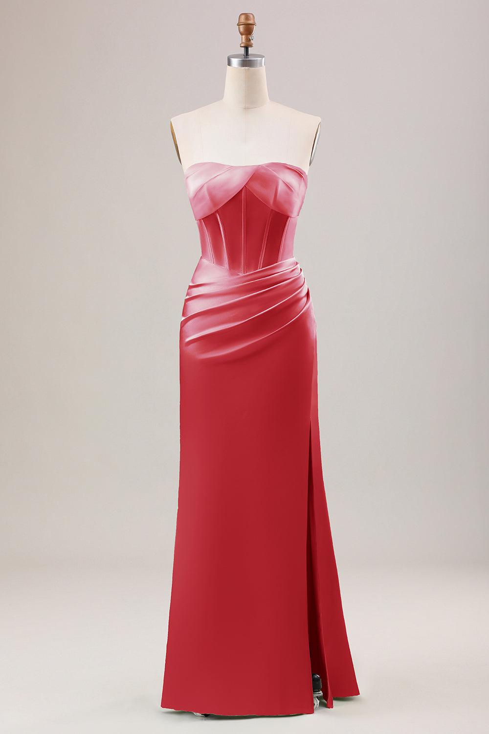 Blushing Pink Strapless Corset Pleated Satin Bridesmaid Dress with Slit