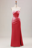 Blushing Pink Strapless Corset Pleated Satin Bridesmaid Dress with Slit