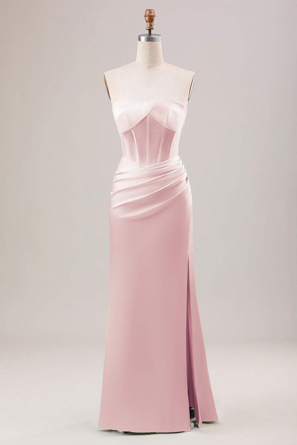 Blushing Pink Strapless Corset Pleated Satin Bridesmaid Dress with Slit