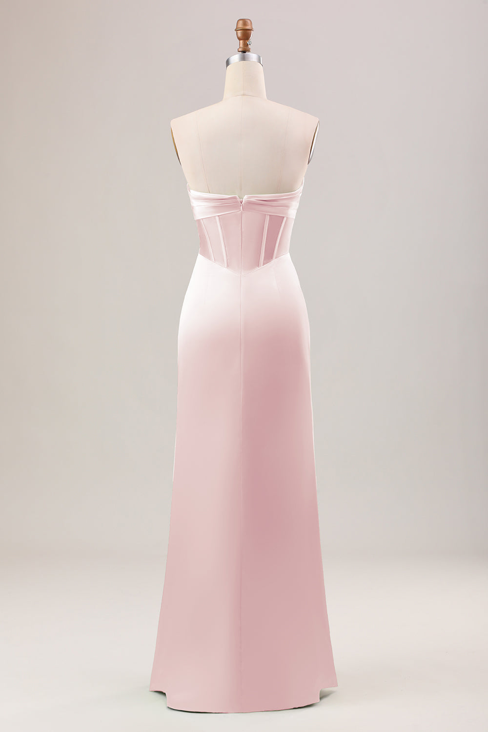 Blushing Pink Strapless Corset Pleated Satin Bridesmaid Dress with Slit