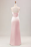 Blushing Pink Strapless Corset Pleated Satin Bridesmaid Dress with Slit