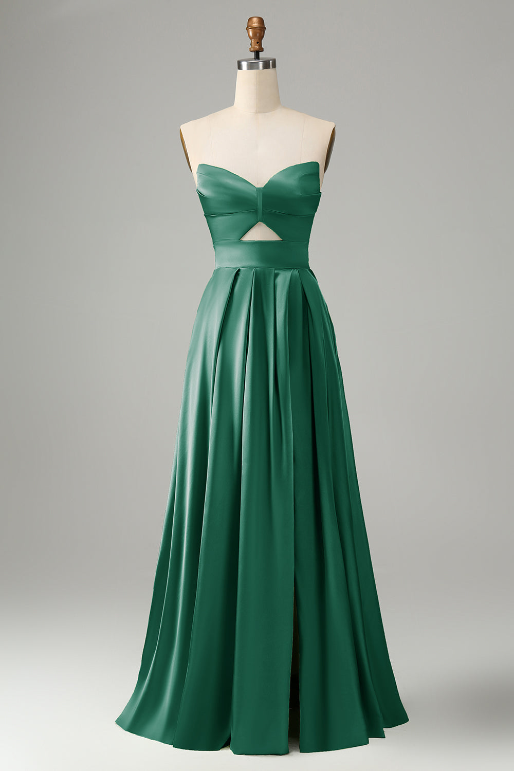 Green Satin A Line Lace Up Bridesmaid Dress with Slit