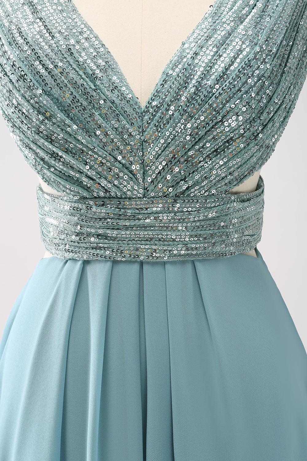 Grey Green Sequined Hollow Out A-Line Bridesmaid Dress