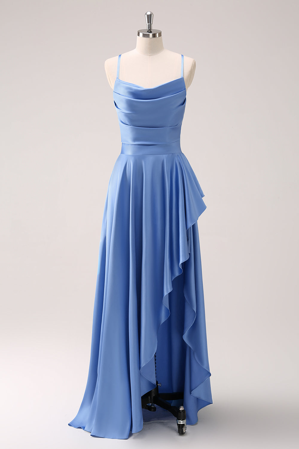 Blue Cowl Neck Ruffled Satin Asymmetrical Bridesmaid Dress with Slit