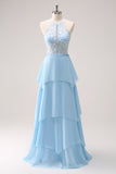 Blue Halter Corset Applique Chiffon Tiered Bridesmaid Dress