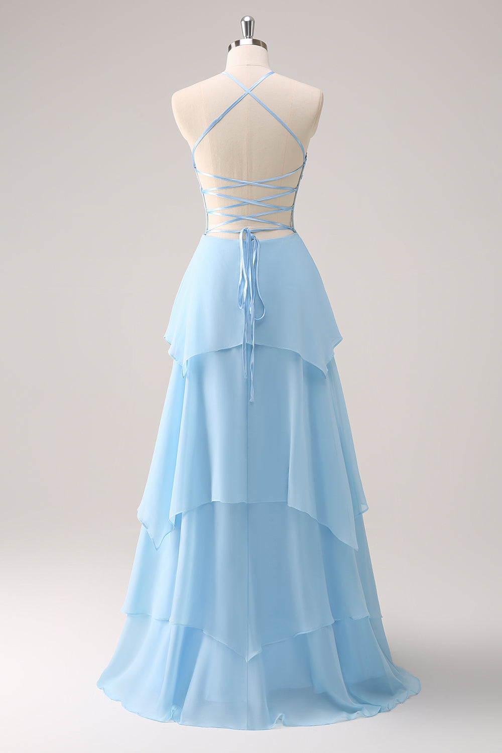 Blue Halter Corset Applique Chiffon Tiered Bridesmaid Dress