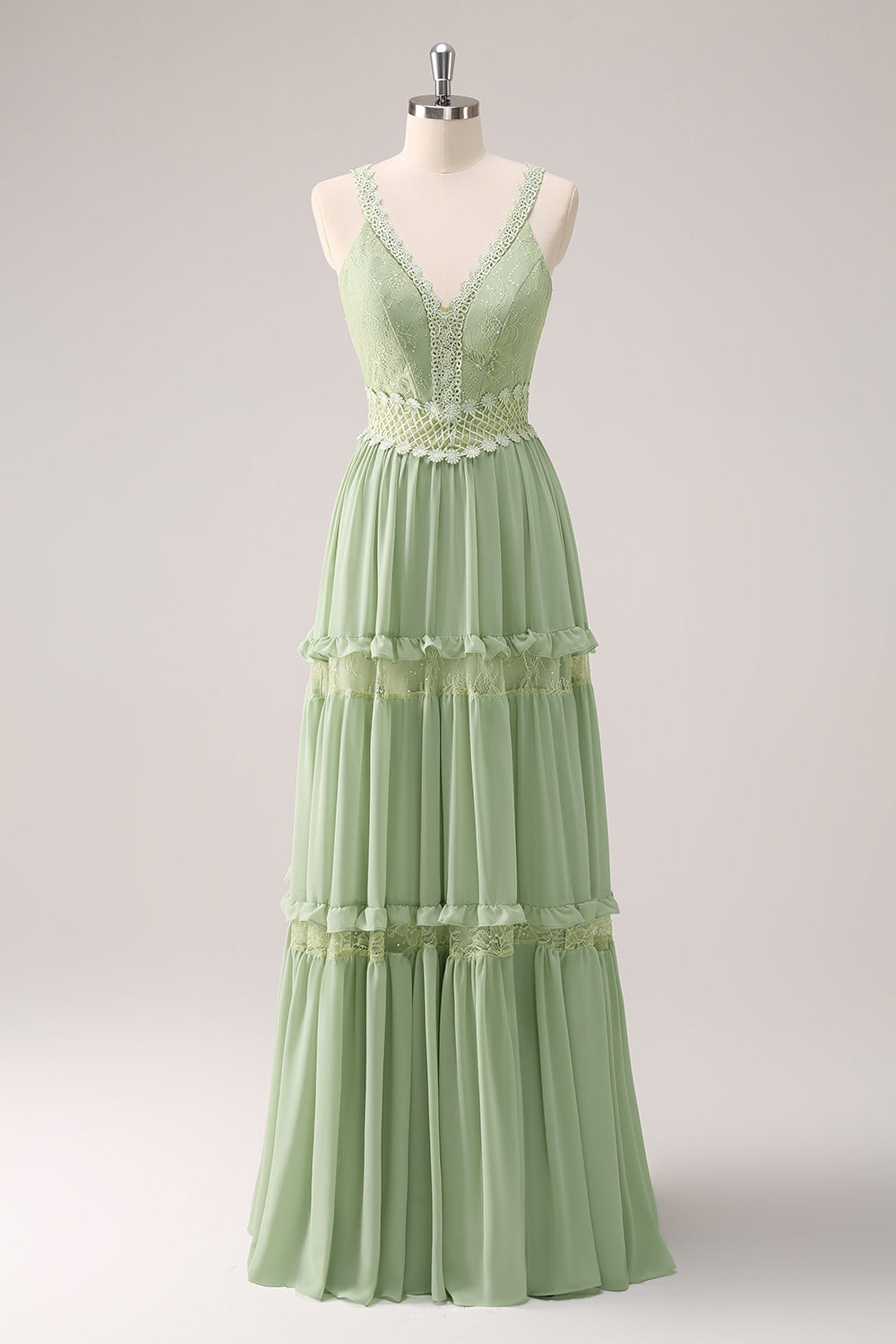 Green Bohemian A-Line Tiered Chiffon Bridesmaid Dress