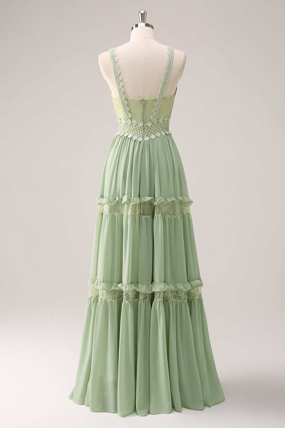 Green Bohemian A-Line Tiered Chiffon Bridesmaid Dress