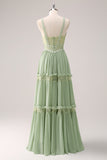 Green Bohemian A-Line Tiered Chiffon Bridesmaid Dress