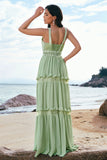 Green Bohemian A-Line Tiered Chiffon Bridesmaid Dress