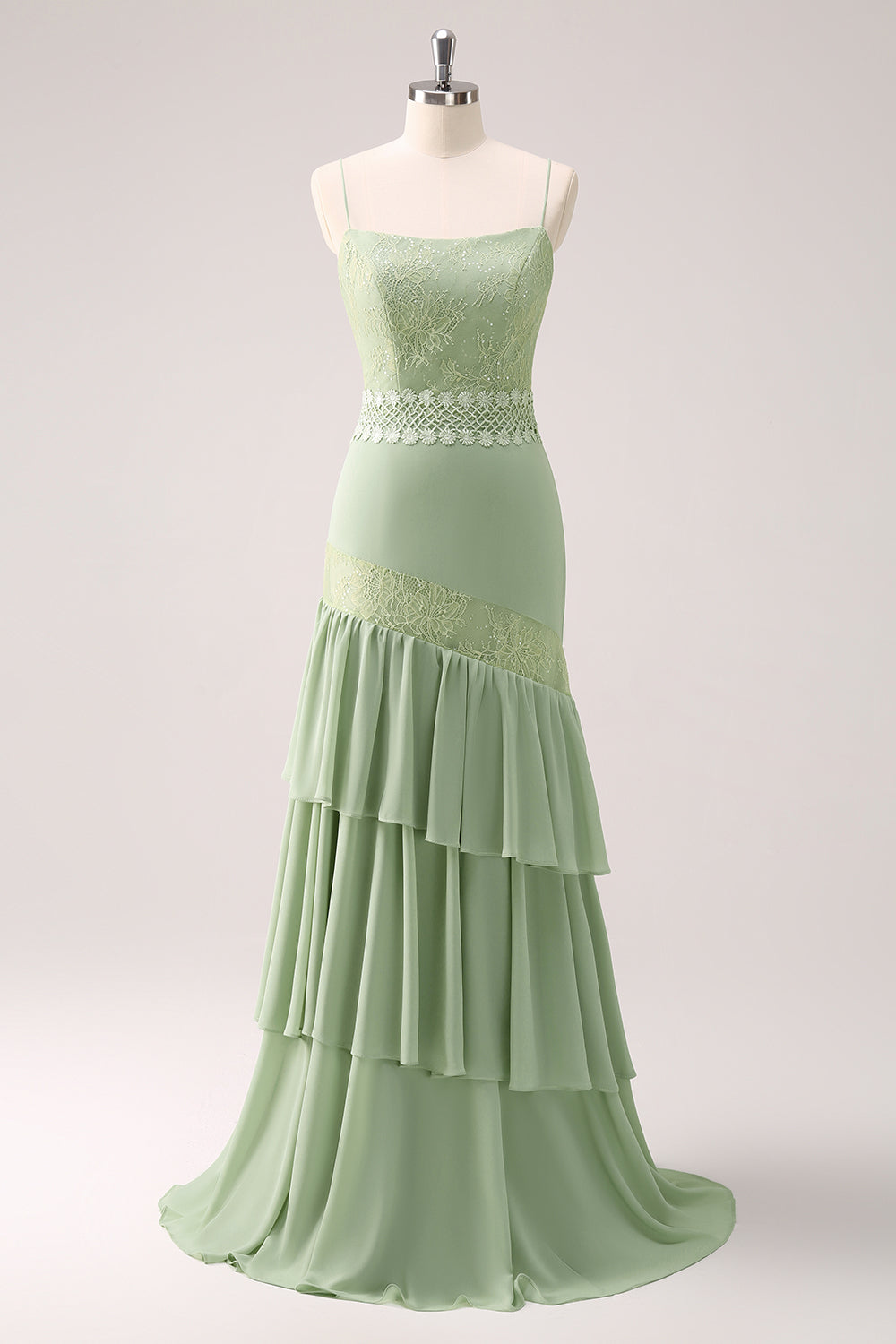 Green Spaghetti Straps Bohemian Mermaid Tiered Bridesmaid Dress