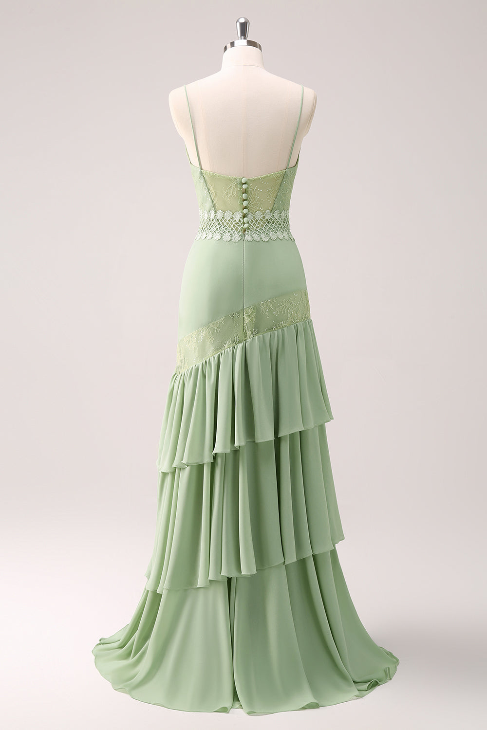 Green Spaghetti Straps Bohemian Mermaid Tiered Bridesmaid Dress