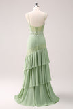 Green Spaghetti Straps Bohemian Mermaid Tiered Bridesmaid Dress