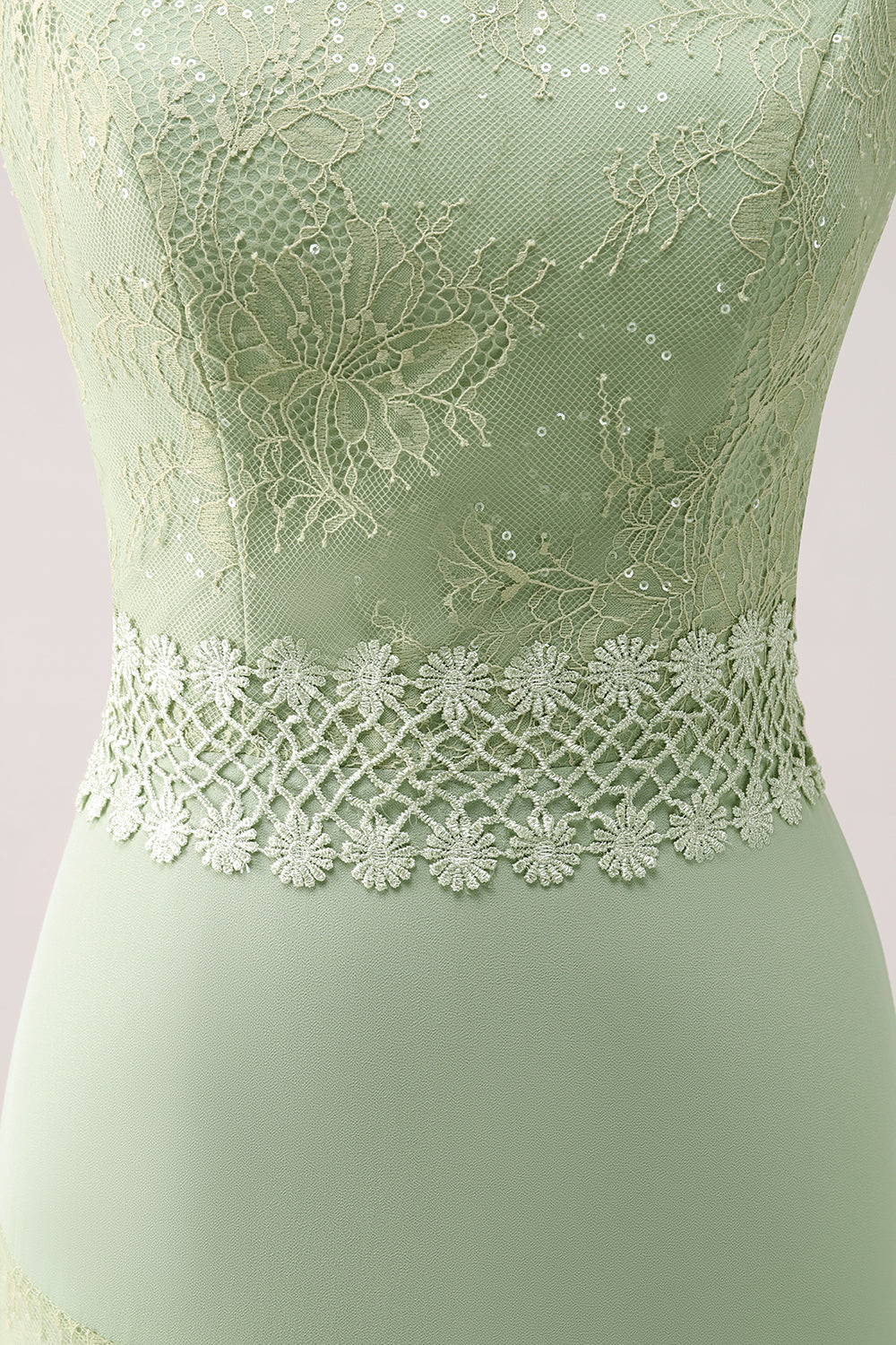 Green Spaghetti Straps Bohemian Mermaid Tiered Bridesmaid Dress