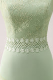 Green Spaghetti Straps Bohemian Mermaid Tiered Bridesmaid Dress