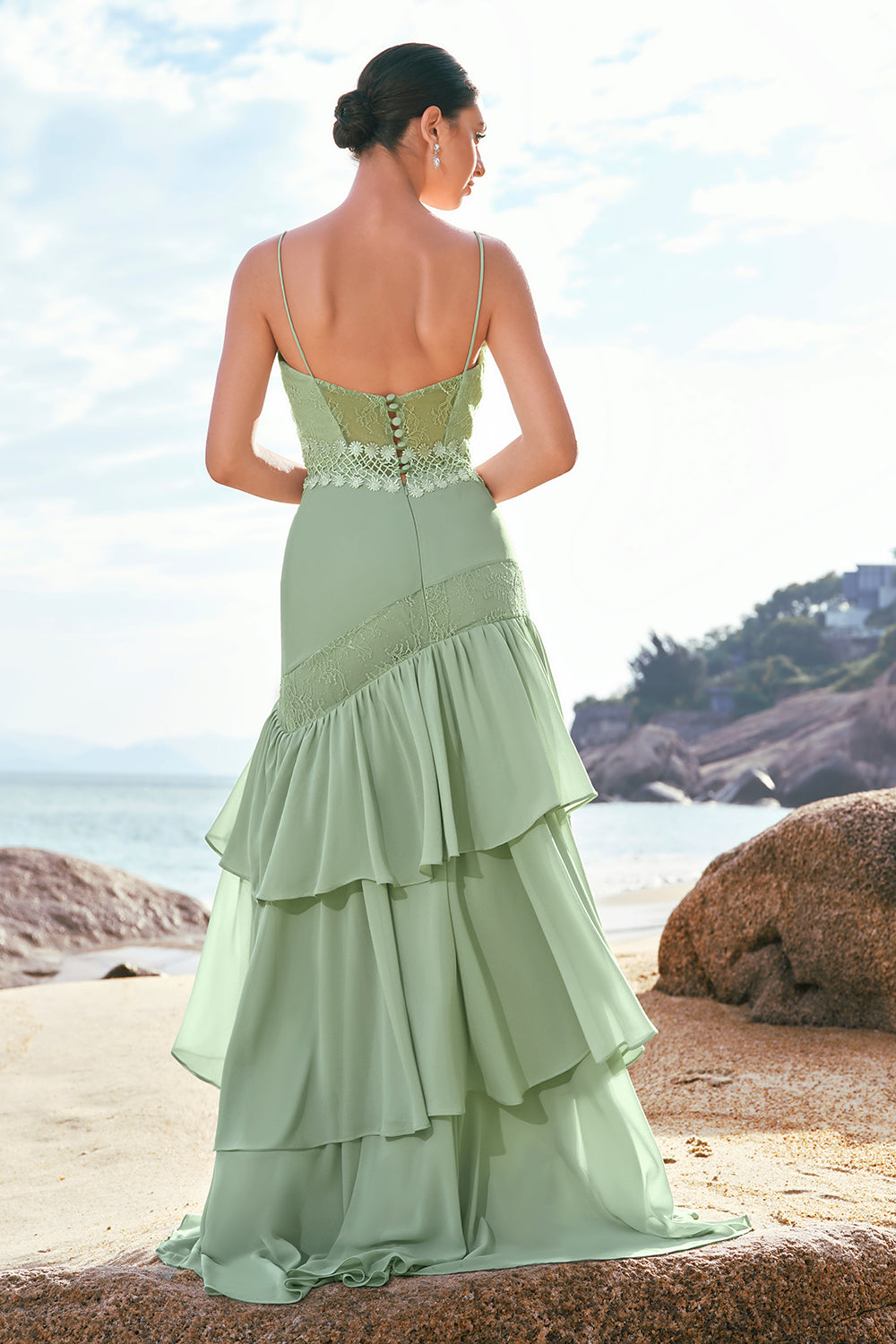 Green Spaghetti Straps Bohemian Mermaid Tiered Bridesmaid Dress