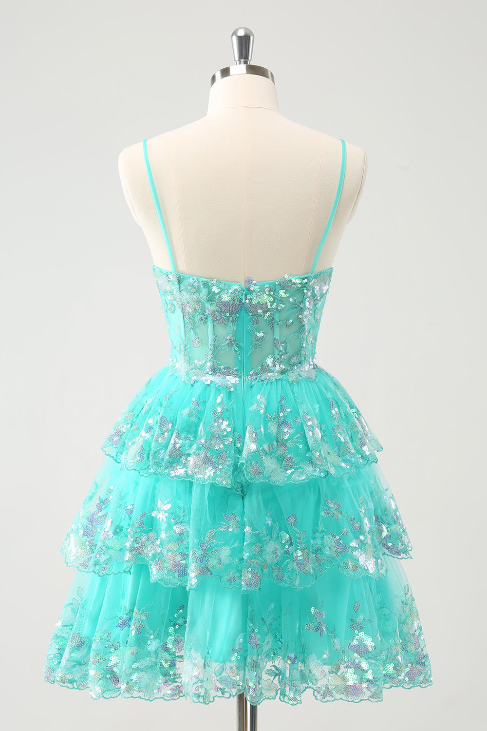 Sparkly Green A Line Spaghetti Straps Corset Tiered Sequin Prom Dress