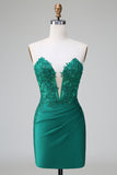 Dark Green Deep V Neck Applique Satin Mini Prom Dress