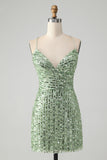 Sparkly Green Sequins Bodycon Lace Up Mini Prom Dress