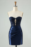 Navy Sweetheart Applique Pleated Satin Mini Prom Dress