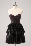 Sparkly Black Pink Sweetheart Tiered Prom Dress with Beading