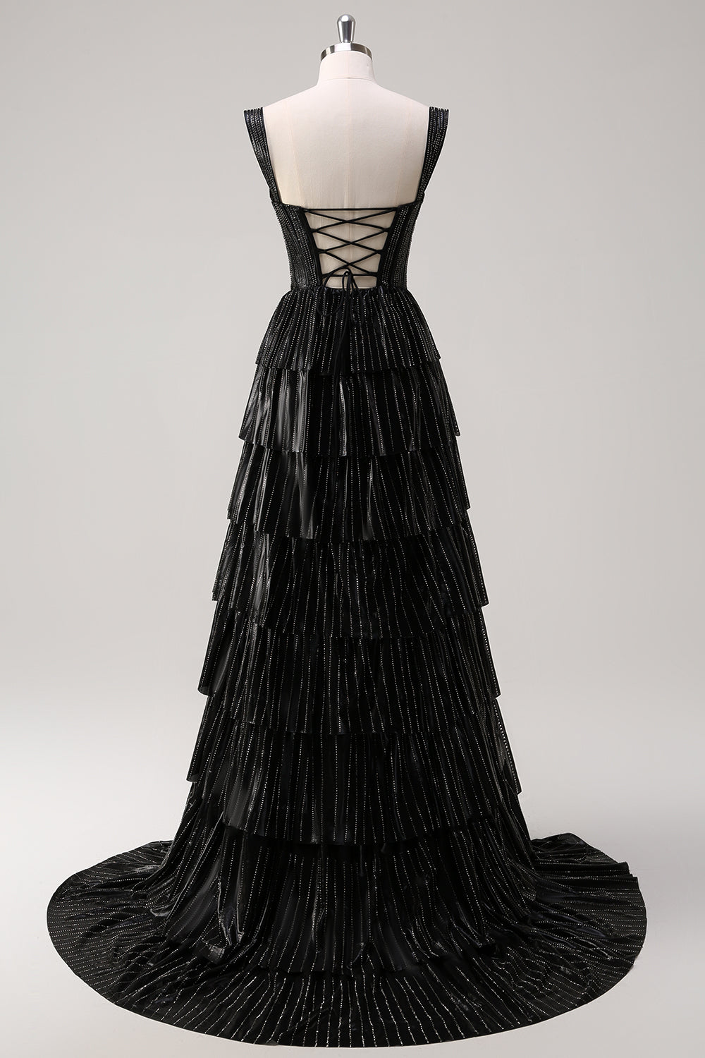 Glitter Black Silver Off The Shoulder A Line Corset Tiered Prom Dress