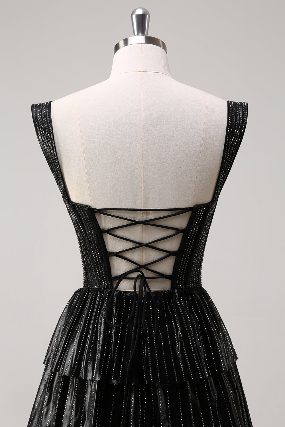 Glitter Black Silver Off The Shoulder A Line Corset Tiered Prom Dress