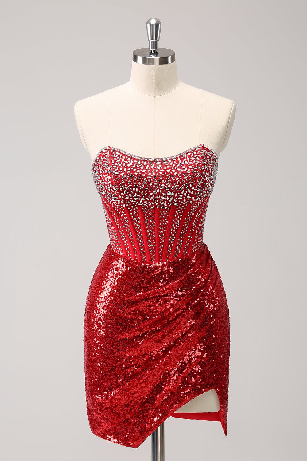 Sparkly Red Strapless Corset Sequined Beaded Tight Prom Dress with Slit