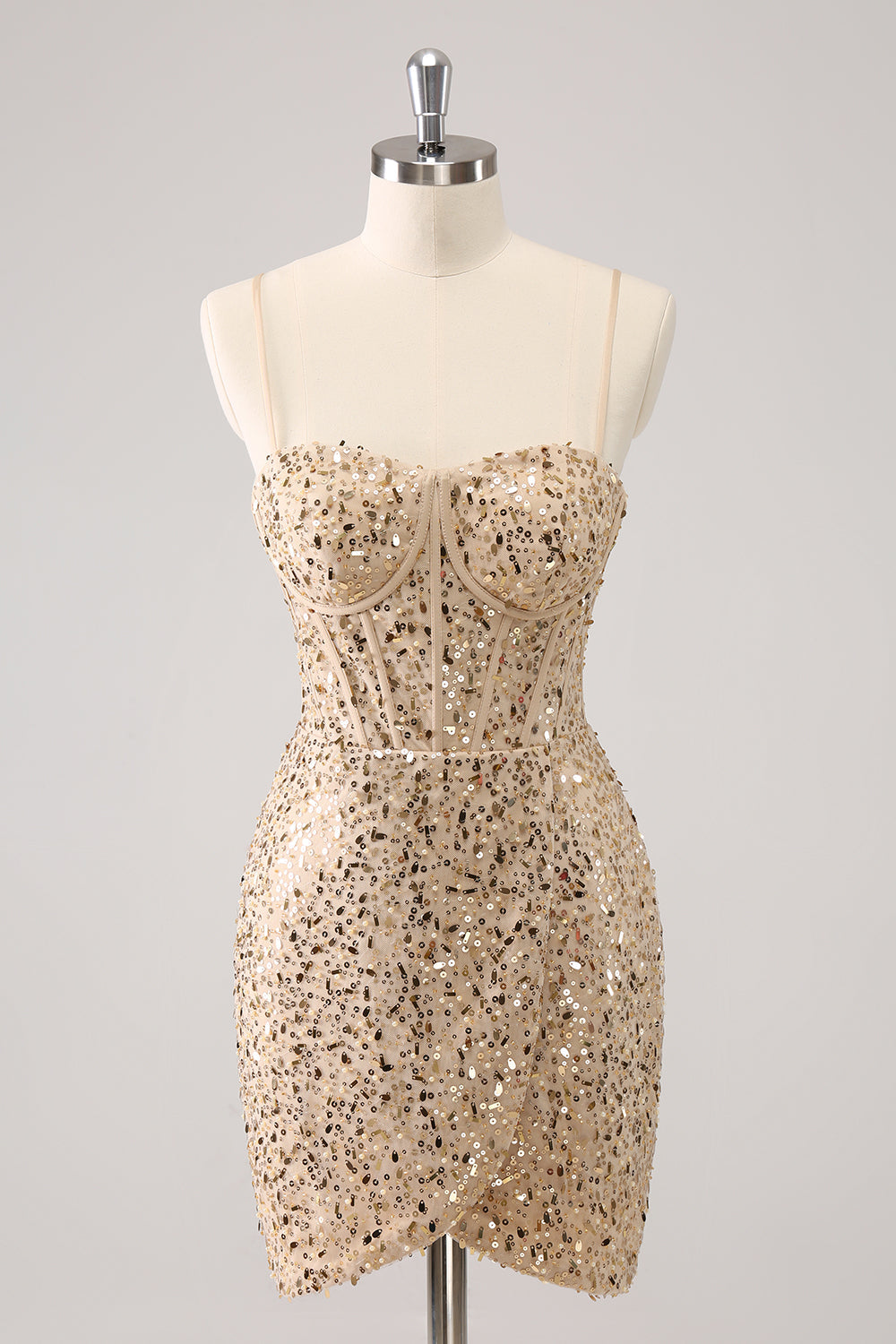 Sparkly Golden Spaghetti Straps Bodycon Prom Dress with Sequins