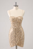 Sparkly Golden Spaghetti Straps Bodycon Prom Dress with Sequins