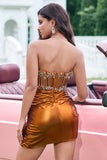 Sparkly Tight Strapless Corset Pleated Copper Prom Dress with Beading
