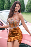 Sparkly Tight Strapless Corset Pleated Copper Prom Dress with Beading