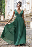 Dark Green Pleated V Neck A Line Chiffon Wedding Guest Dress