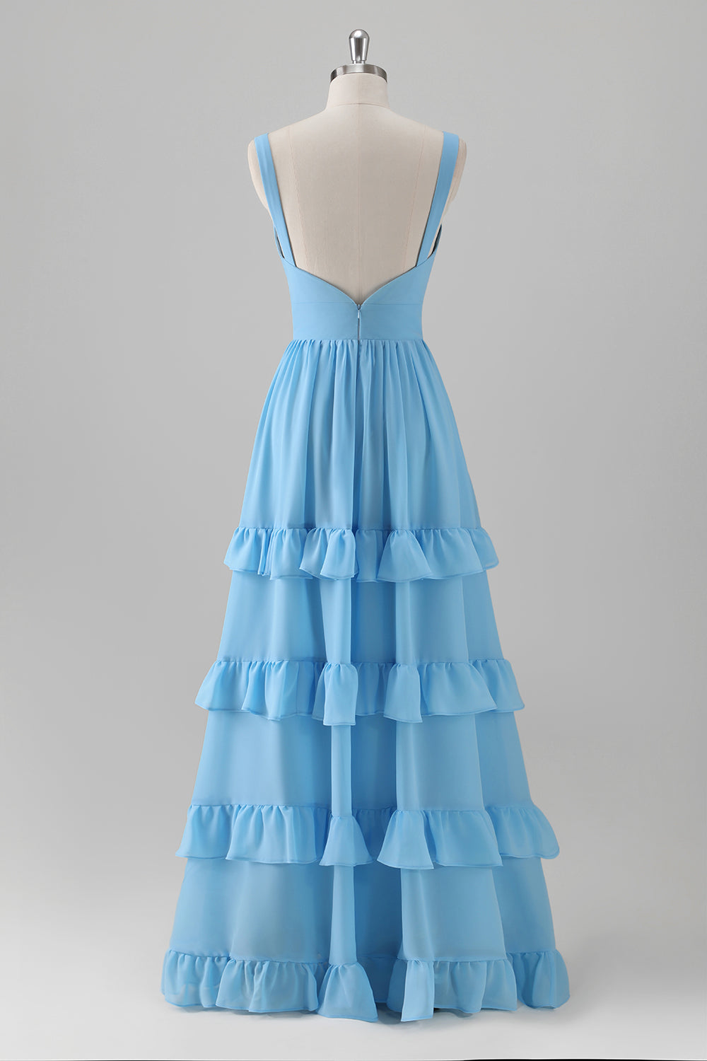 Blue A-Line Corset Tiered Backless Chiffon Bridesmaid Dress