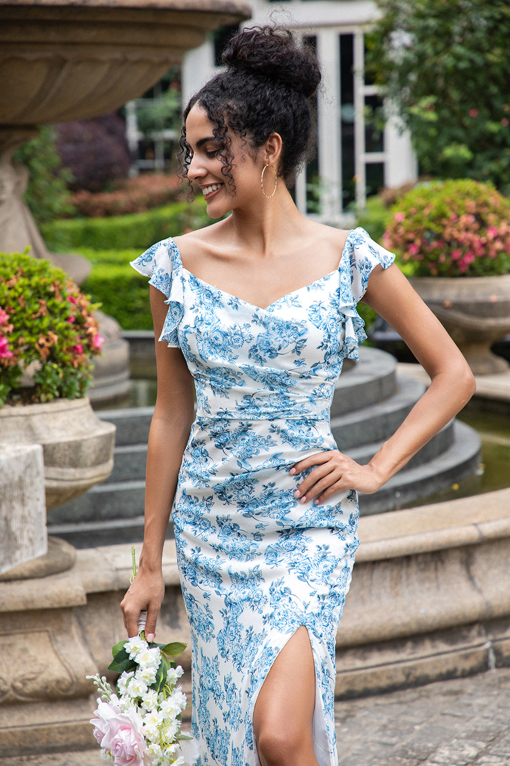 White Blue Flower Mermaid Long Wedding Guest Dress with Slit