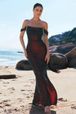 Black Red Mermaid Off the Shoulder Beaded Bridesmaid Dress with Slit