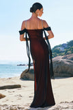 Black Red Mermaid Off the Shoulder Beaded Bridesmaid Dress with Slit