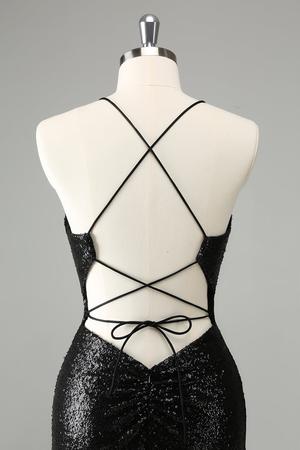 Stylish Glitter Black Sequins Tight Halter Prom Dress with Lace Up Back