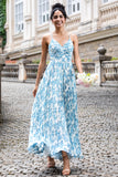 White Blue Flower Pleated A Line Floral Wedding Guest Dress