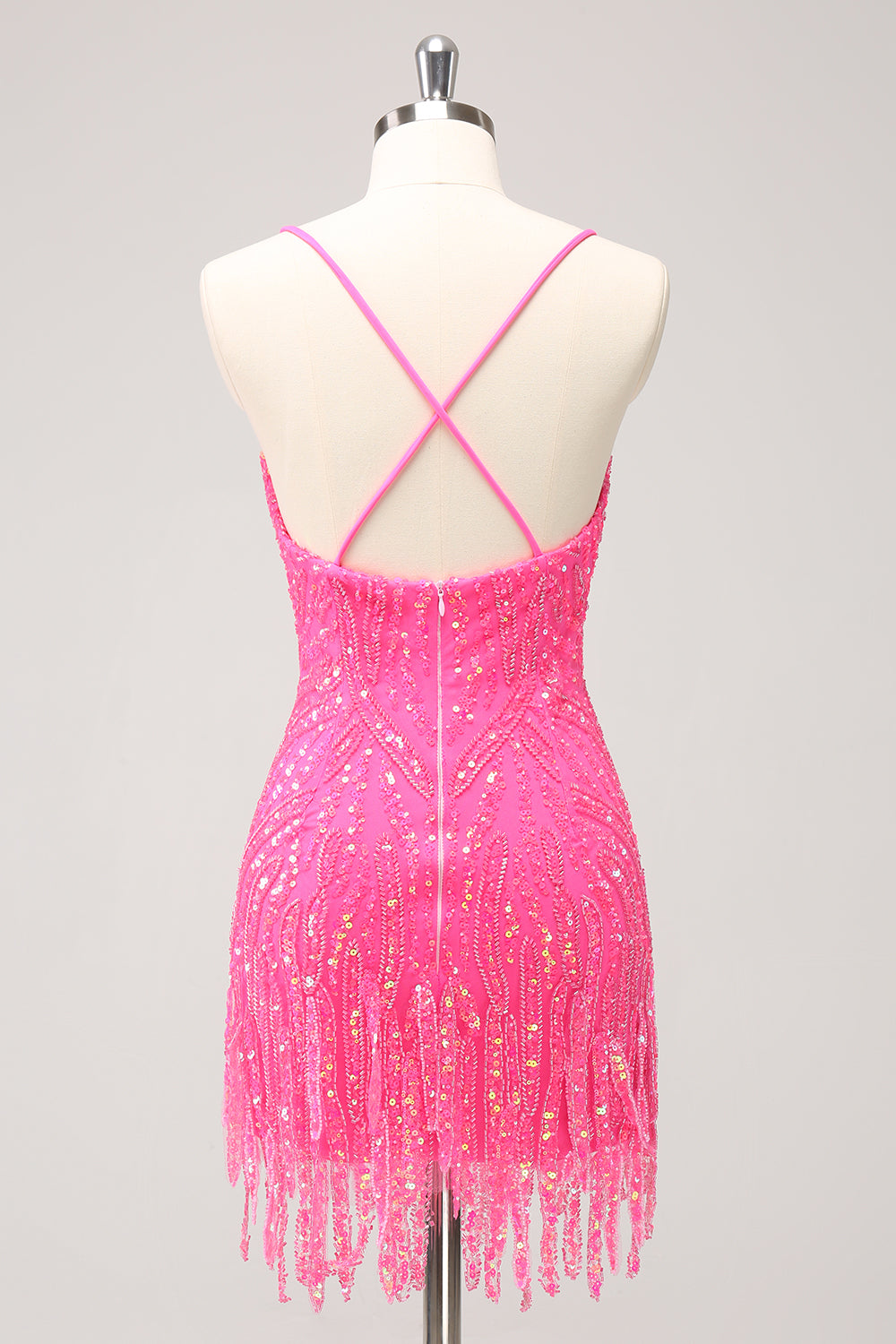 Sparkly Hot Pink Sequins V Neck Tight Prom Dress with Fringes